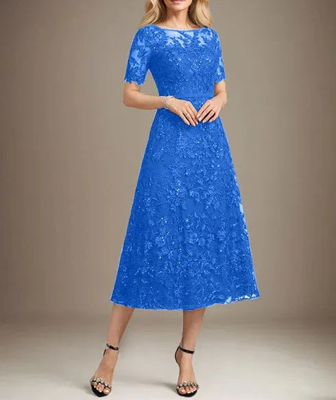 A-line Scoop Illusion Tea-Length Lace Mother of the Bride Dress With Sequins