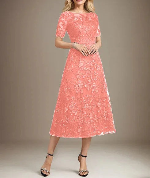 A-line Scoop Illusion Tea-Length Lace Mother of the Bride Dress With Sequins