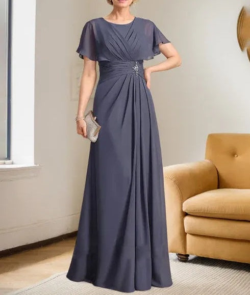 A-line Scoop Floor-Length Chiffon Mother of the Bride Dress With Pleated Beading