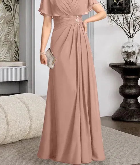 A-line Scoop Floor-Length Chiffon Mother of the Bride Dress With Pleated Beading