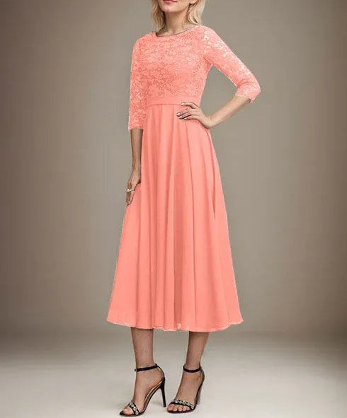 A-line Scoop Tea-Length Lace Chiffon Mother of the Bride Dress With Sequins