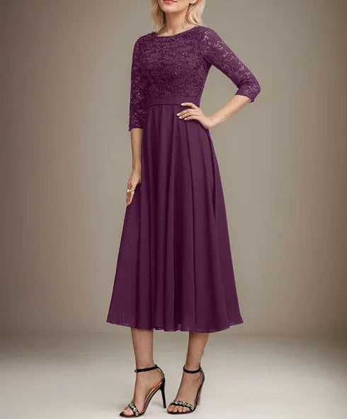 A-line Scoop Tea-Length Lace Chiffon Mother of the Bride Dress With Sequins