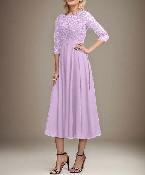 A-line Scoop Tea-Length Lace Chiffon Mother of the Bride Dress With Sequins