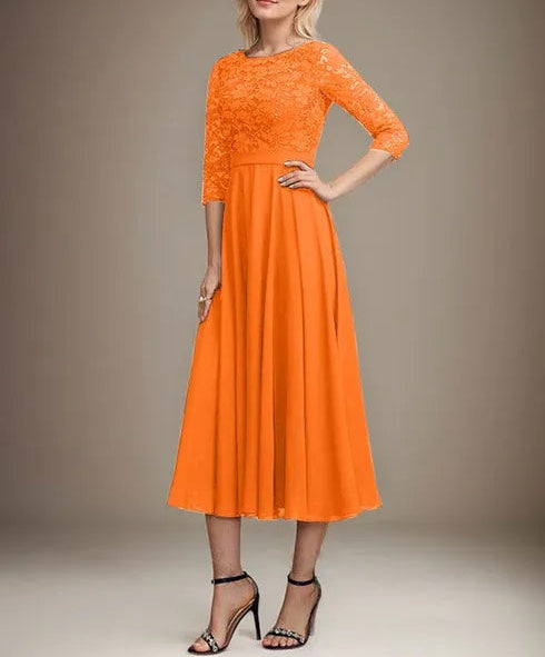 A-line Scoop Tea-Length Lace Chiffon Mother of the Bride Dress With Sequins