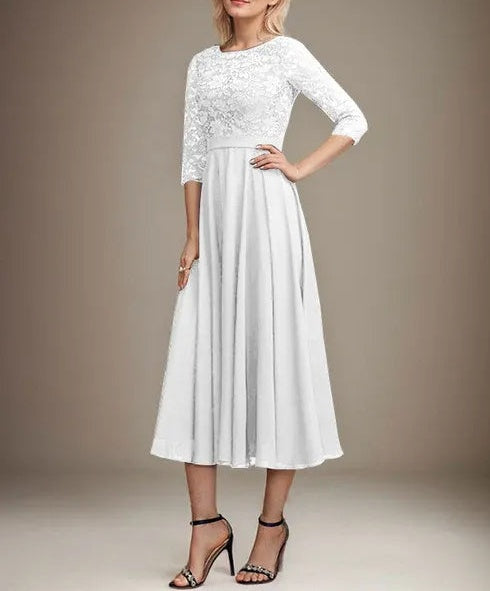 A-line Scoop Tea-Length Lace Chiffon Mother of the Bride Dress With Sequins