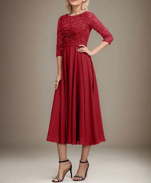 A-line Scoop Tea-Length Lace Chiffon Mother of the Bride Dress With Sequins