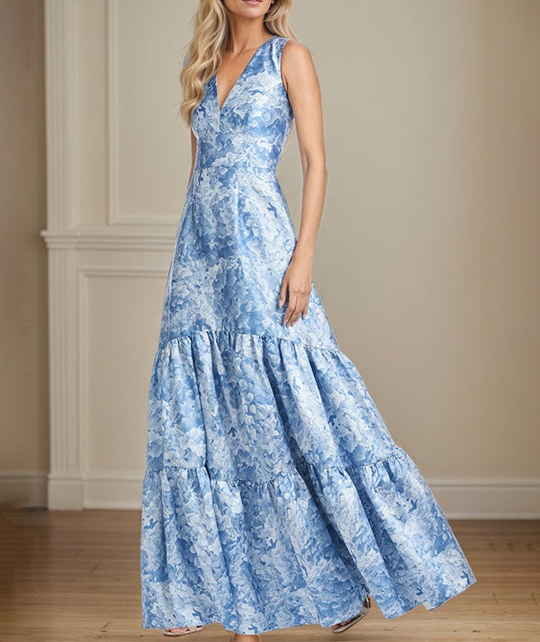 A-Line V-Neck Light Bue Floral Satin Mother of the Bride Dress