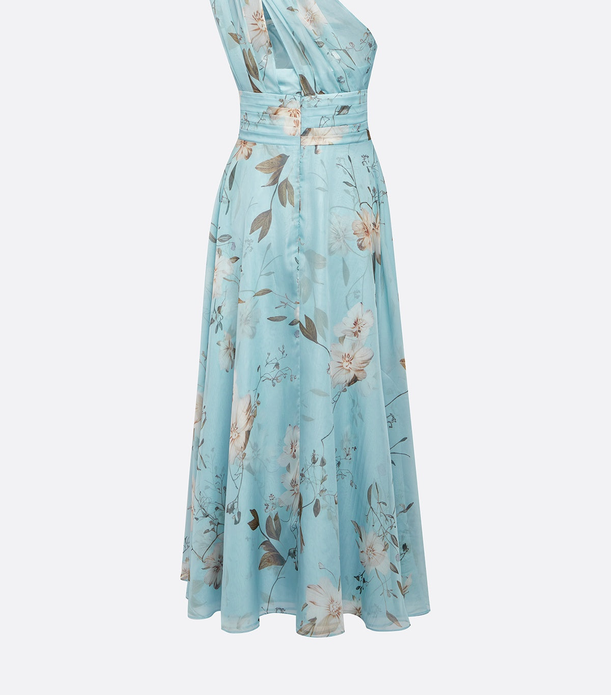 Light Blue Floral Ruched Chiffon One Shoulder Sleeveless A Line Maxi Dress