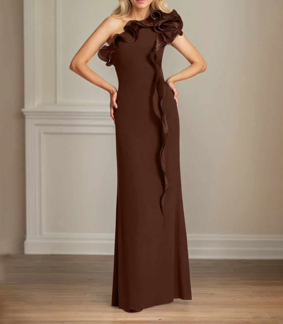 Navy Stretch Crepe Sheath/Column One Shoulder Floor Length Mother of the Bride Dresses With Ruffles