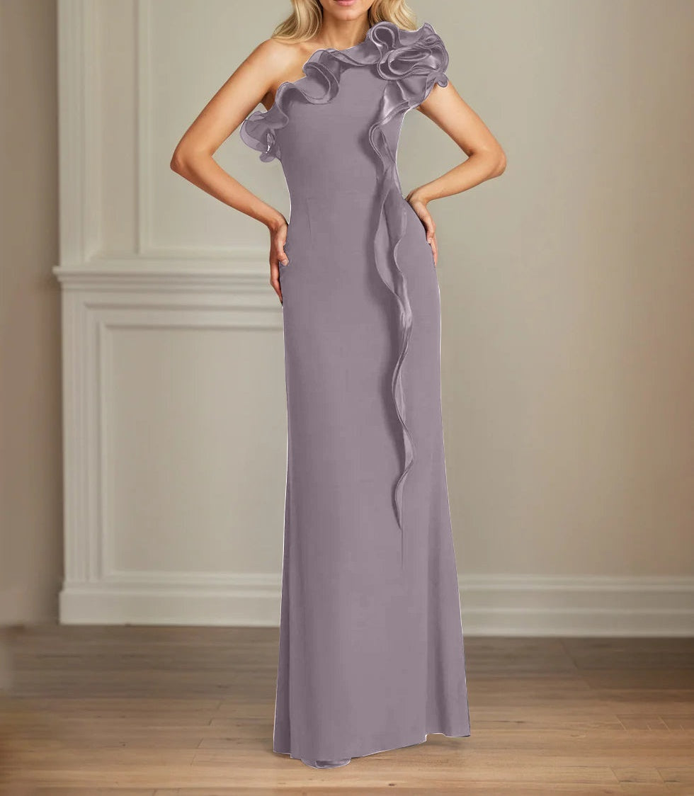 Navy Stretch Crepe Sheath/Column One Shoulder Floor Length Mother of the Bride Dresses With Ruffles