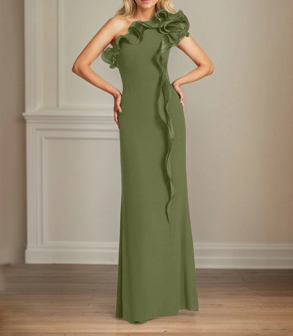 Navy Stretch Crepe Sheath/Column One Shoulder Floor Length Mother of the Bride Dresses With Ruffles