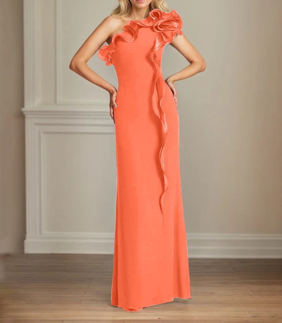 Navy Stretch Crepe Sheath/Column One Shoulder Floor Length Mother of the Bride Dresses With Ruffles