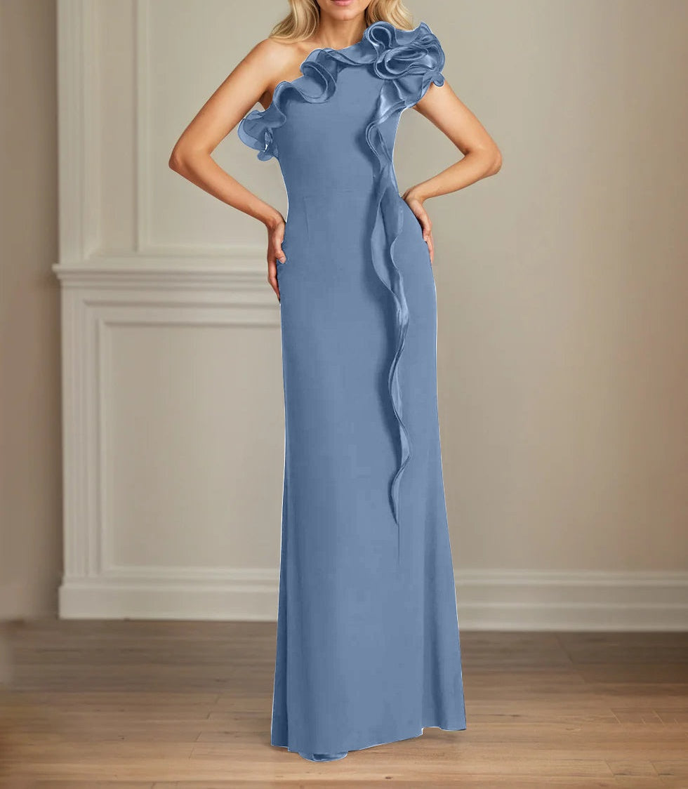 Navy Stretch Crepe Sheath/Column One Shoulder Floor Length Mother of the Bride Dresses With Ruffles