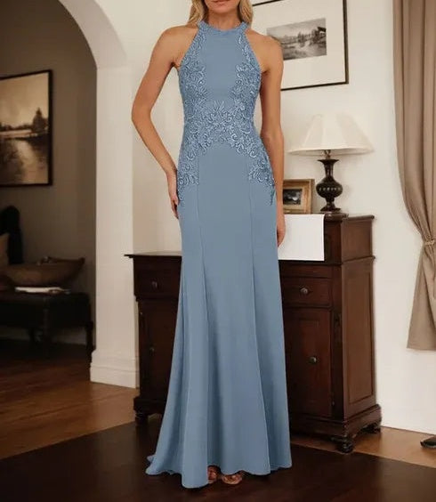 Dusty Blue Sheath Halter Long Mother of Bride Dress With Appliques