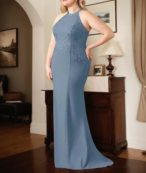 Dusty Blue Sheath Halter Long Mother of Bride Dress With Appliques