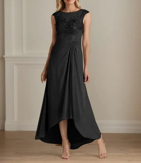 Champagne A-Line Scoop Lace Chiffon Dress