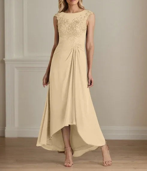 Champagne A-Line Scoop Lace Chiffon Dress