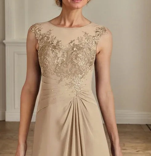 Champagne A-Line Scoop Lace Chiffon Dress