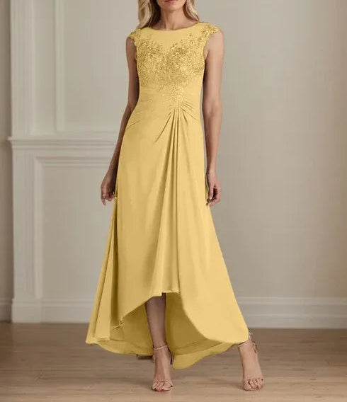 Champagne A-Line Scoop Lace Chiffon Dress