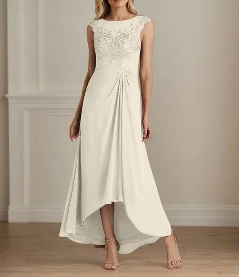 Champagne A-Line Scoop Lace Chiffon Dress