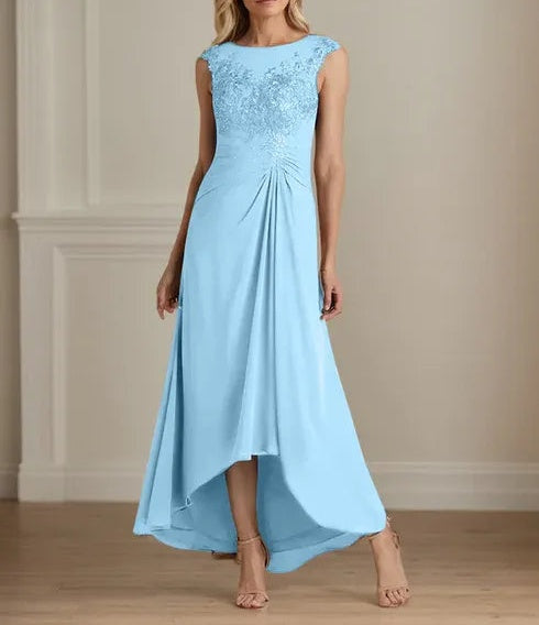 Champagne A-Line Scoop Lace Chiffon Dress