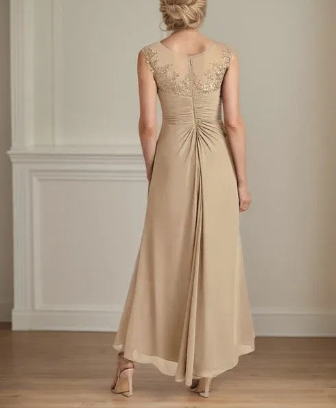 Champagne A-Line Scoop Lace Chiffon Dress