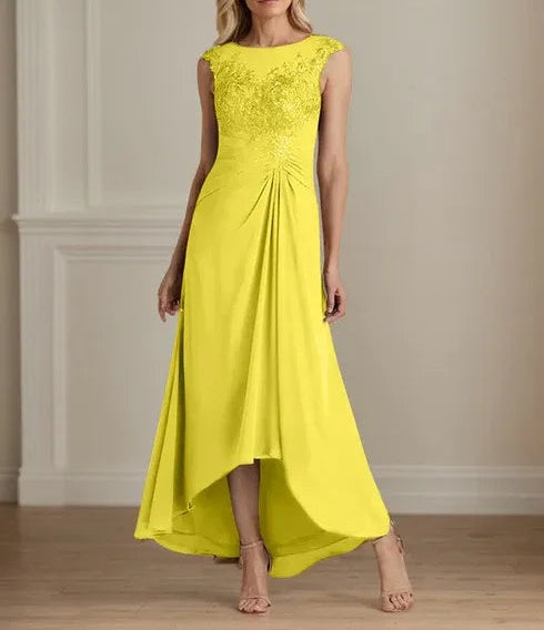 Champagne A-Line Scoop Lace Chiffon Dress
