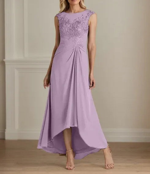 Champagne A-Line Scoop Lace Chiffon Dress