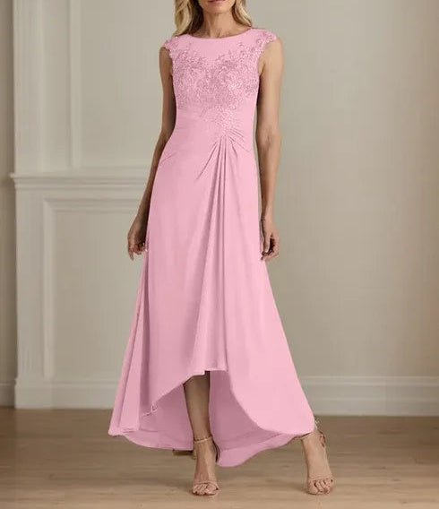 Champagne A-Line Scoop Lace Chiffon Dress