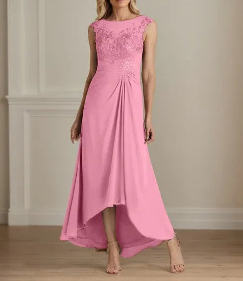Champagne A-Line Scoop Lace Chiffon Dress