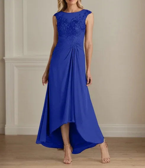 Champagne A-Line Scoop Lace Chiffon Dress