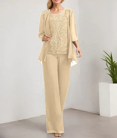 Separates Jumpsuit/Pantsuit Scoop Floor-Length Lace Chiffon Mother of the Bride Dress With Sequins