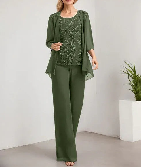 Separates Jumpsuit/Pantsuit Scoop Floor-Length Lace Chiffon Mother of the Bride Dress With Sequins