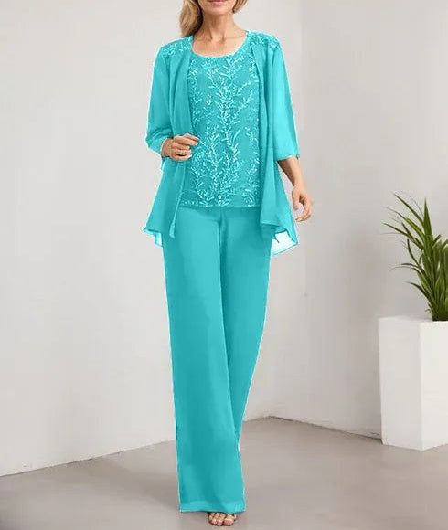 Separates Jumpsuit/Pantsuit Scoop Floor-Length Lace Chiffon Mother of the Bride Dress With Sequins