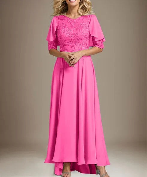 A-line Scoop Illusion Asymmetrical Chiffon Lace Mother of the Bride Dress With Beading