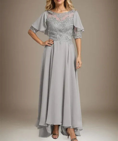 A-line Scoop Illusion Asymmetrical Chiffon Lace Mother of the Bride Dress With Beading