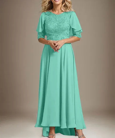A-line Scoop Illusion Asymmetrical Chiffon Lace Mother of the Bride Dress With Beading