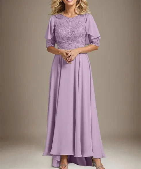 A-line Scoop Illusion Asymmetrical Chiffon Lace Mother of the Bride Dress With Beading