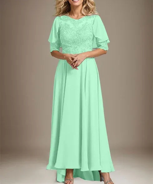 A-line Scoop Illusion Asymmetrical Chiffon Lace Mother of the Bride Dress With Beading