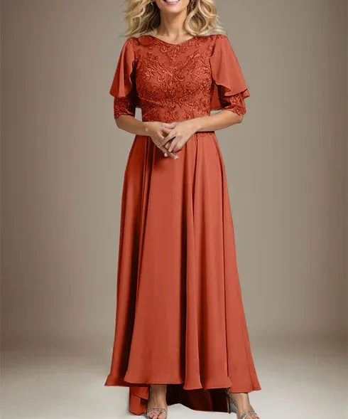 A-line Scoop Illusion Asymmetrical Chiffon Lace Mother of the Bride Dress With Beading