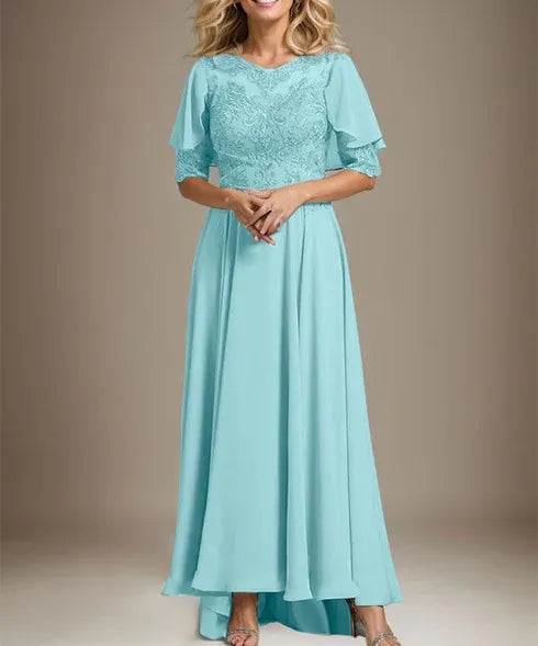 A-line Scoop Illusion Asymmetrical Chiffon Lace Mother of the Bride Dress With Beading