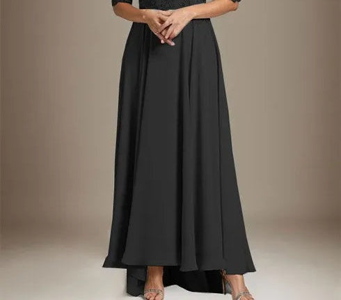 A-line Scoop Illusion Asymmetrical Chiffon Lace Mother of the Bride Dress With Beading