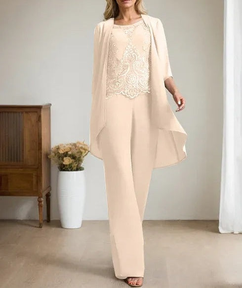 Separates Jumpsuit/Pantsuit Scoop Floor-Length Chiffon Lace Mother of the Bride Dress With Beading Sequins