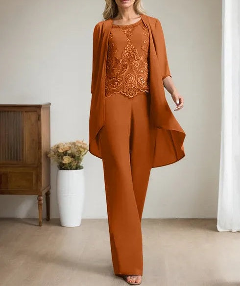 Separates Jumpsuit/Pantsuit Scoop Floor-Length Chiffon Lace Mother of the Bride Dress With Beading Sequins