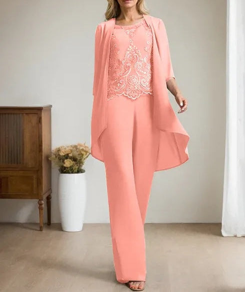 Separates Jumpsuit/Pantsuit Scoop Floor-Length Chiffon Lace Mother of the Bride Dress With Beading Sequins