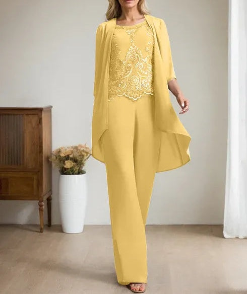 Separates Jumpsuit/Pantsuit Scoop Floor-Length Chiffon Lace Mother of the Bride Dress With Beading Sequins