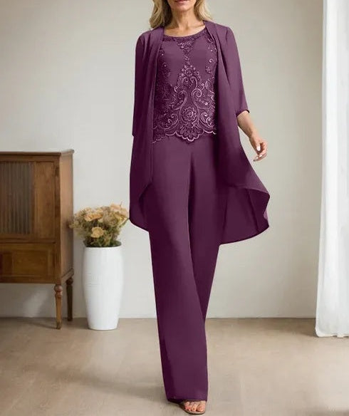 Separates Jumpsuit/Pantsuit Scoop Floor-Length Chiffon Lace Mother of the Bride Dress With Beading Sequins