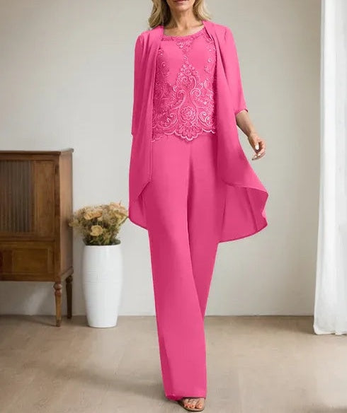 Separates Jumpsuit/Pantsuit Scoop Floor-Length Chiffon Lace Mother of the Bride Dress With Beading Sequins