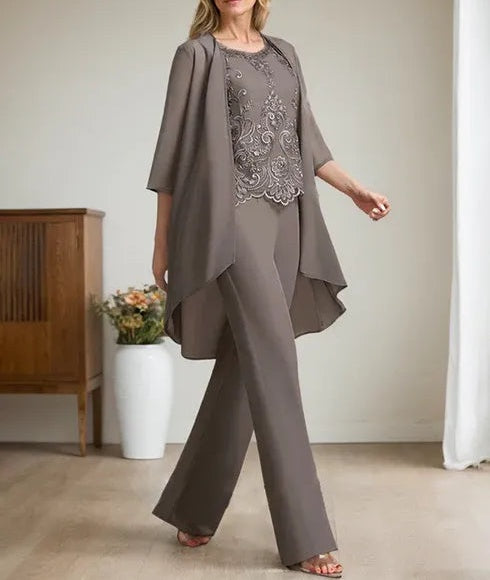 Separates Jumpsuit/Pantsuit Scoop Floor-Length Chiffon Lace Mother of the Bride Dress With Beading Sequins