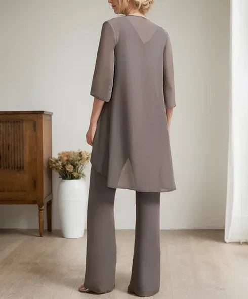 Separates Jumpsuit/Pantsuit Scoop Floor-Length Chiffon Lace Mother of the Bride Dress With Beading Sequins